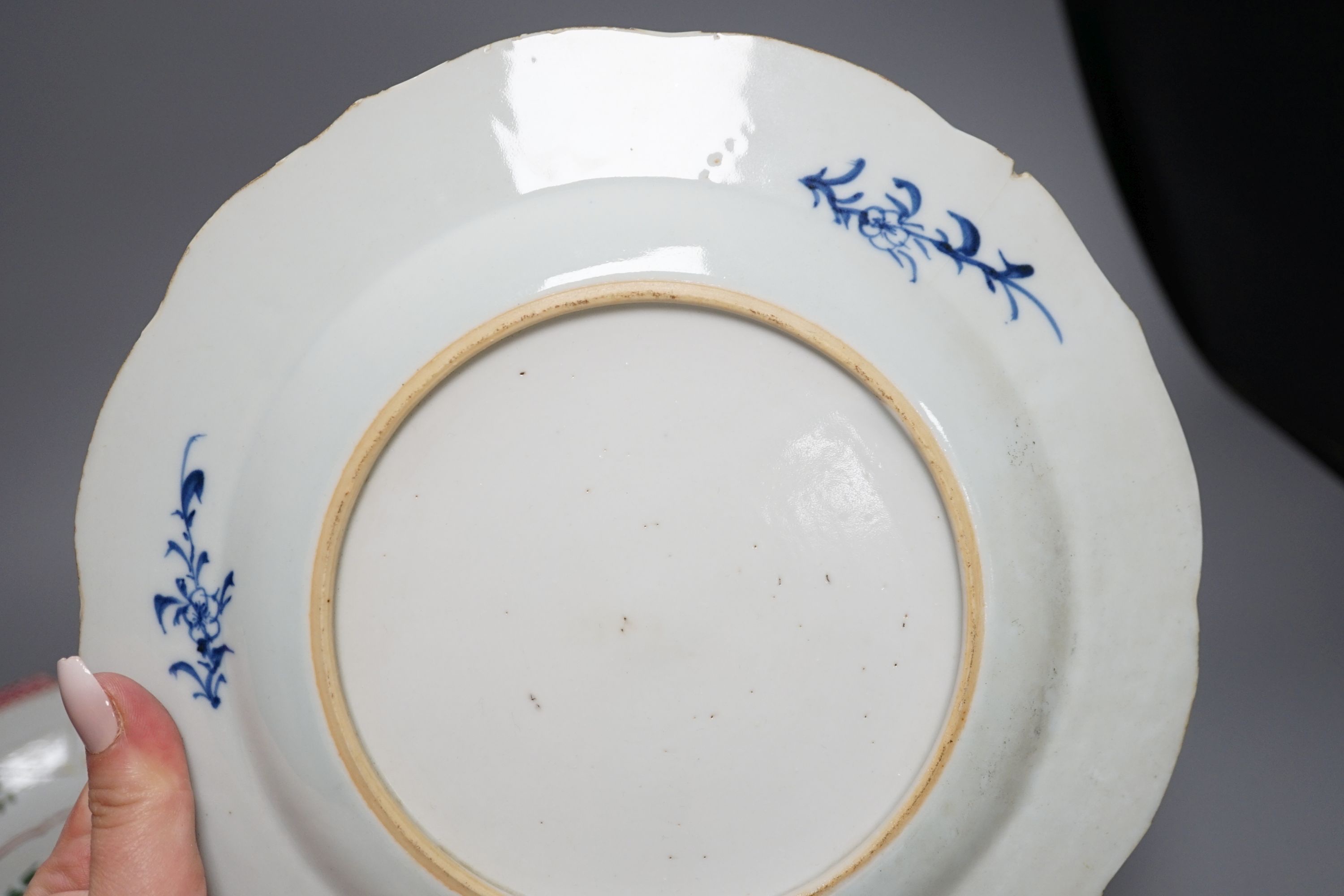 An 18th century Chinese export blue and white dish, 23cm, together with three other Chinese ceramic items